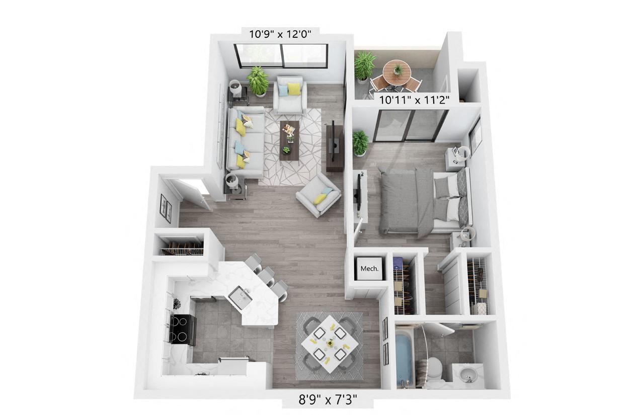 Floor plan for 1 bed, 1 bath, 779 sqft